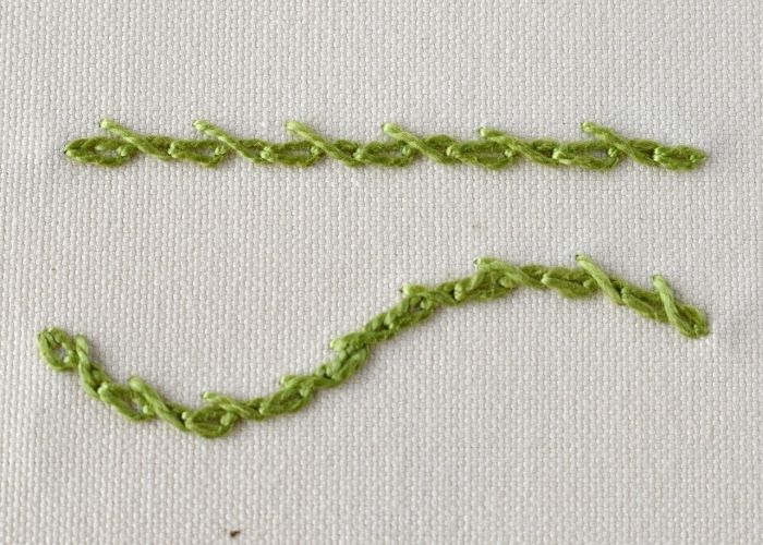 Barred Chain Stitch embroidery with green pearl cotton