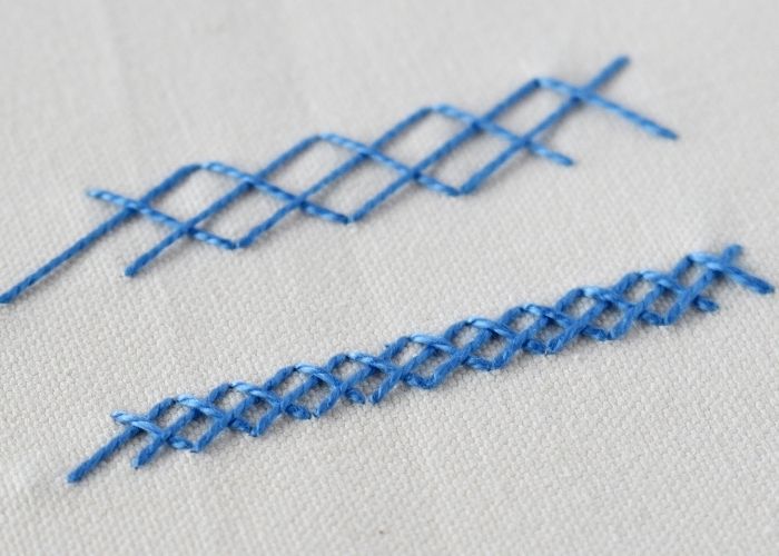 Long Armed Cross Stitch embroidery with blue pearl cotton thread