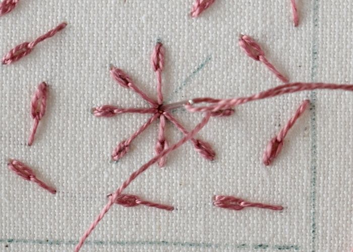 Embroidering flower with long tailed chain stitch