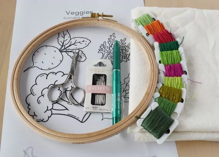 Tools and materials for veggie embroidery tutorial