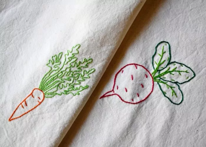 Veggie Embroidery on cotton tea towels