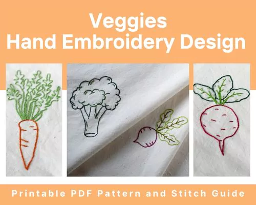 Veggies Embroidery Pattern, Stitch and Color Guide for Beginners