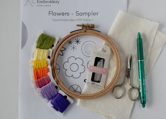 Beginner flower embroidery project tools and materials image