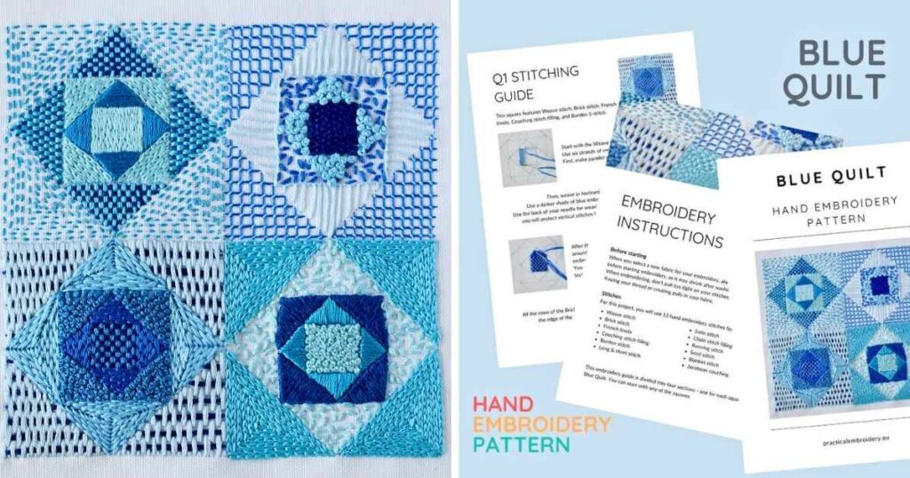 Blue Quilt Embroidery PDF with 12 filling stitches