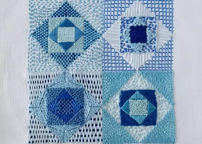 Blue Quilt embroidery sampler for filling stitches