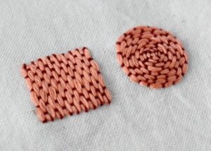 Couching Stitch Filling embroidery sampler - square and circle shapes