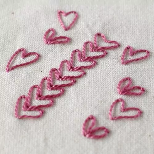 Heart Chain Stitch embroidery with pink pearl cotton thread small image
