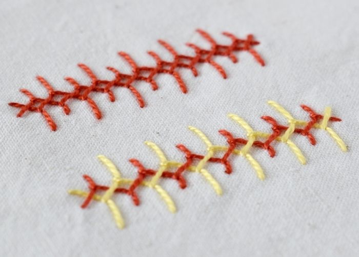 Long and Short Cretan Stitch embroidery with red and yellow pearl cotton image