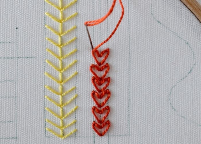 Heart Stitch decorative border embroidery in process image