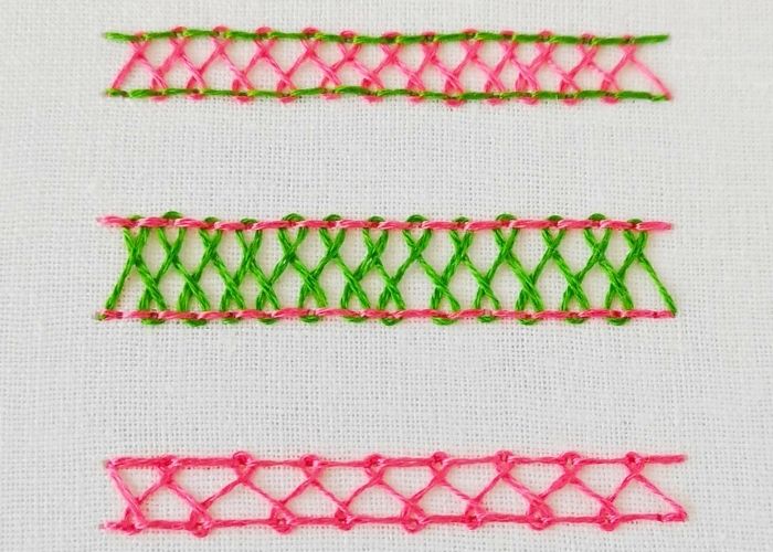 Herringbone Ladder stitch with pink and green thread image
