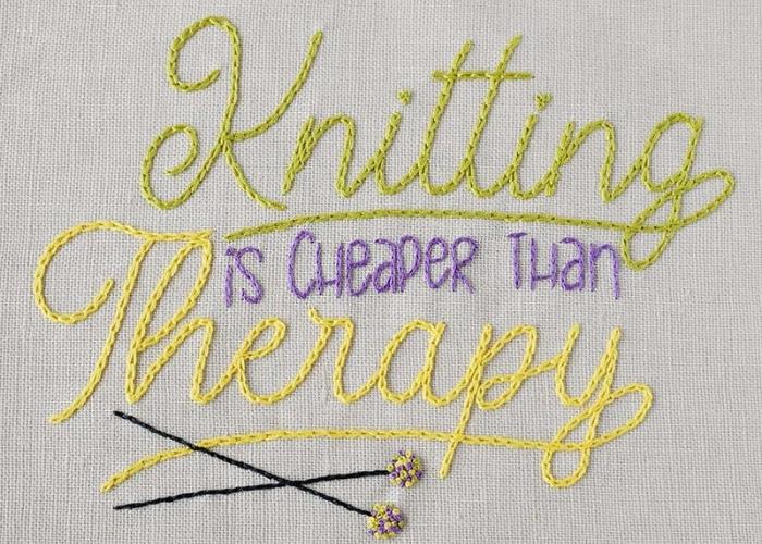 Knitting is cheaper than therapy - hand embroidered phrase image