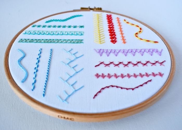 Simple Stitches For Borders sampler framed in a hoop image
