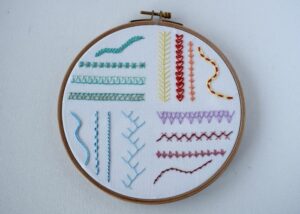 Simple Stitches For Borders sampler framed in a hoop image