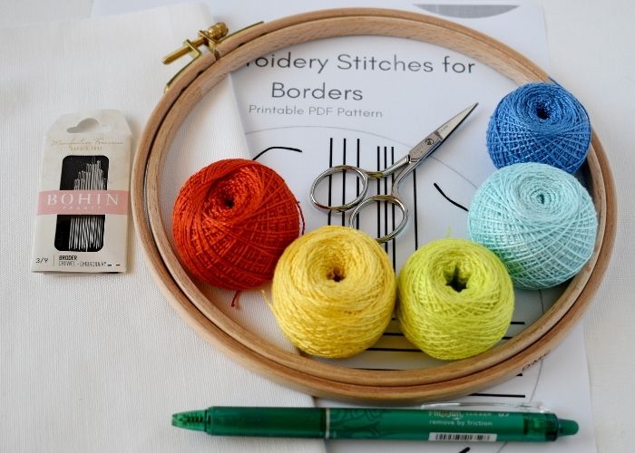 Tools and materials for the border stitches sampler image