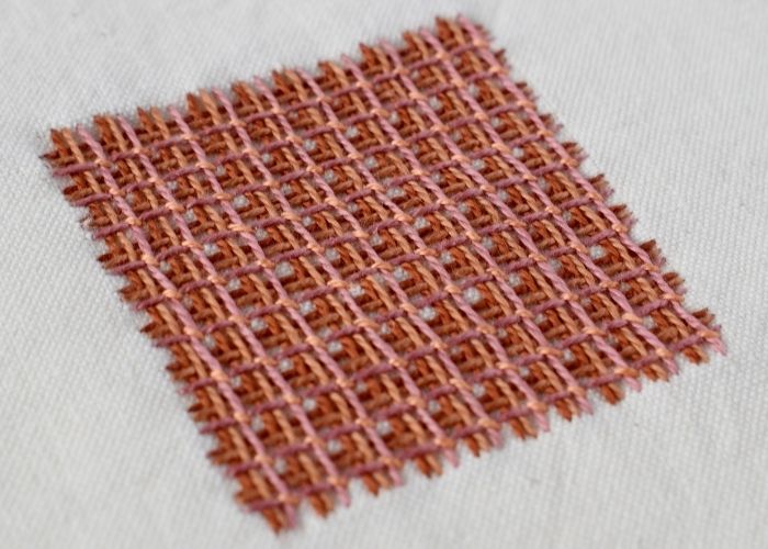 Battlement Couching Stitch embroidery sampler with pearl cotton thread image