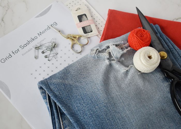 Sashiko Style Mending tutorial tools and materials image