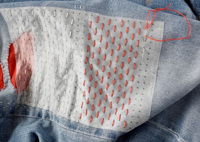 Sashiko Style Mending tutorial - red color to the stitching - image
