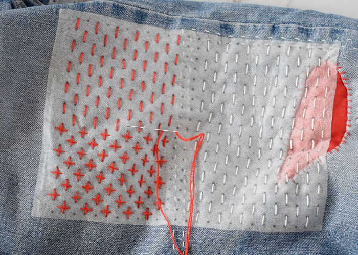 Sashiko Style Mending tutorial - running stitches at a 90-degree angle - image