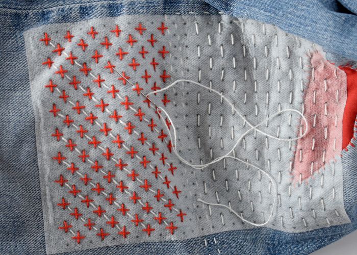Sashiko Style Mending tutorial - diagonally connect crossed stitches - image