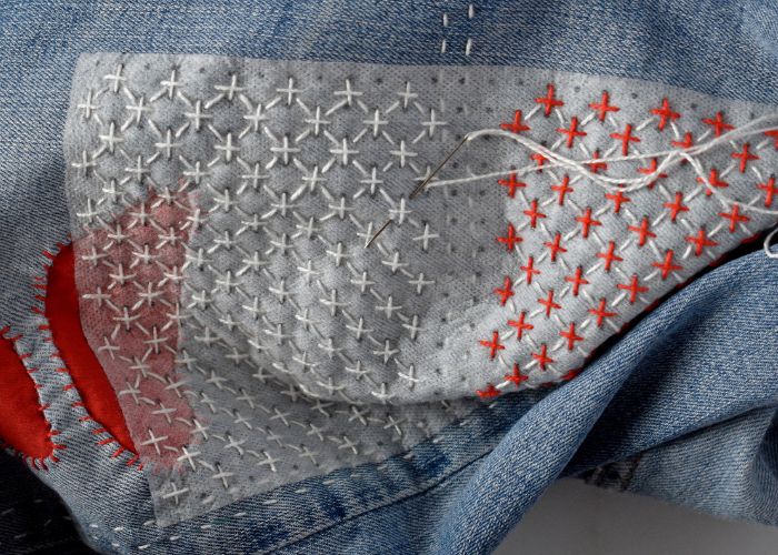 Sashiko Style Mending tutorial - two sets of diagonal stitching - image