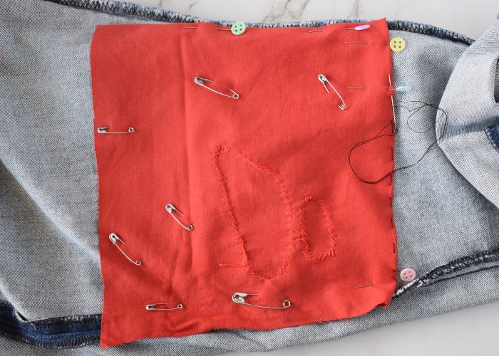  Sashiko Style Mending tutorial - add basting stitches around the patch - image