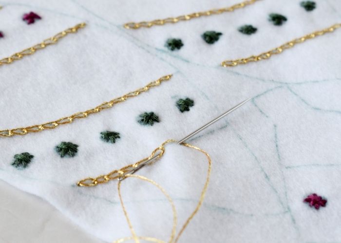 Chain stitch embroidery on felt Christmas ornaments with golden thread image