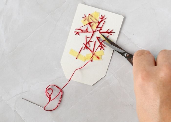 Finishing the threads when embroidering on paper image