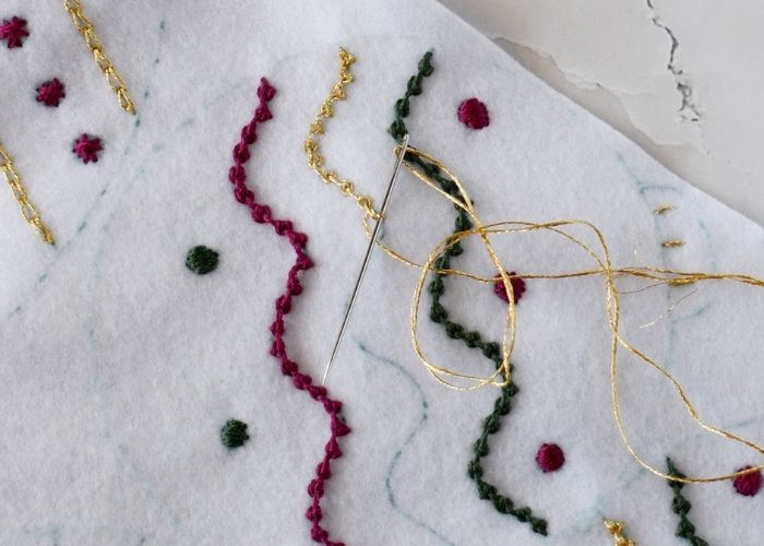 Palestrina stitch embroidery on the Christmas felt ornament with golden thread image