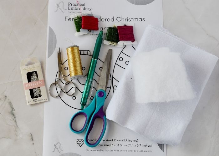 Tools and materials for making felt Embroidered Christmas Ornaments image