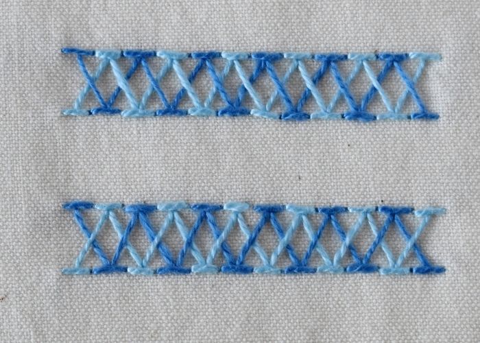 Double Chevron Stitch embroidery sampler with blue pearl cotton image