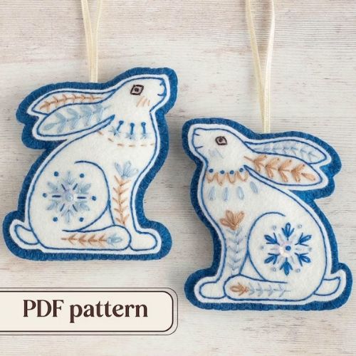 Felt winter hares - embroidery pattern PDF by TheHoopInHand on Etsy