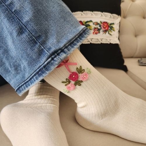 Floral Embroidered Women's socks by HandCraftGiftBox on Etsy