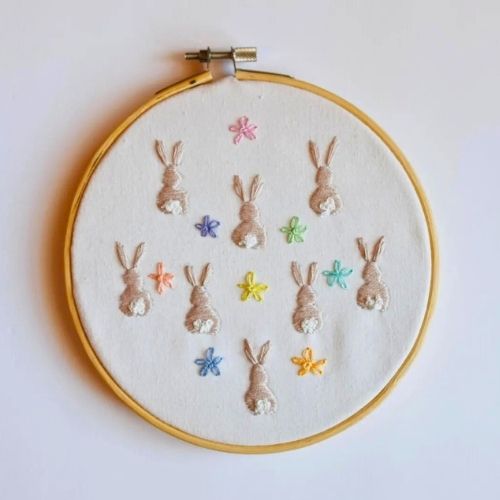 Bunny Tail Embroidery Pattern - bunnies and pastel flowers by thestitchedstorybook on Etsy image