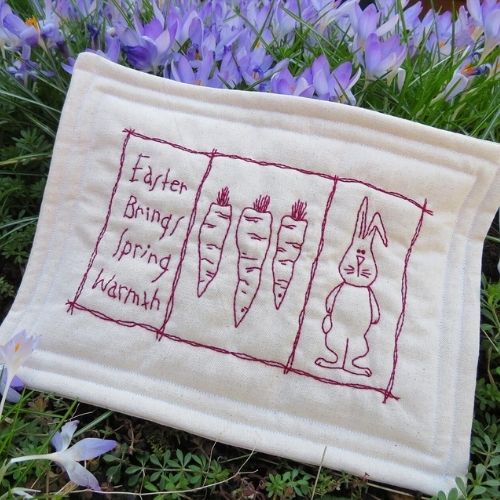 Easter Brings.... Mugmat - Redwork stitchery PDF pattern by PennysHomespunPrims image