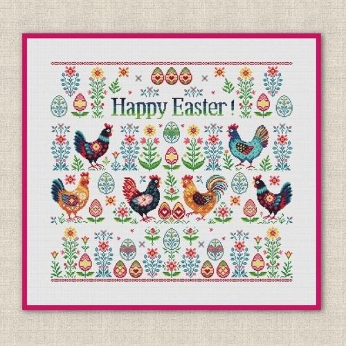 Easter sampler with chickens and eggs - Primitive cross stitch design by MrsMagicStitch image