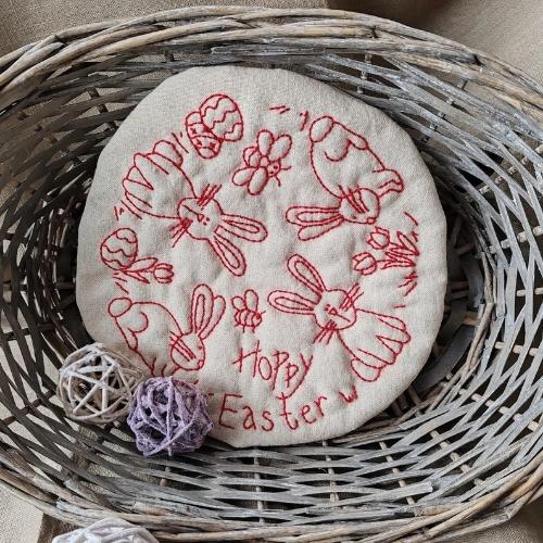 Hoppy Easter Candlemat  - Redwork primitive hand embroidery pattern by PennysHomespunPrims image