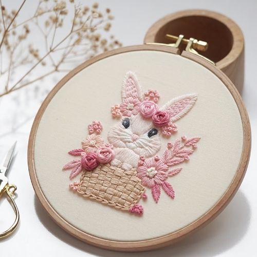 Pink Bunny Hand Embroidery Pattern - Beginner spring design by Momentoell image