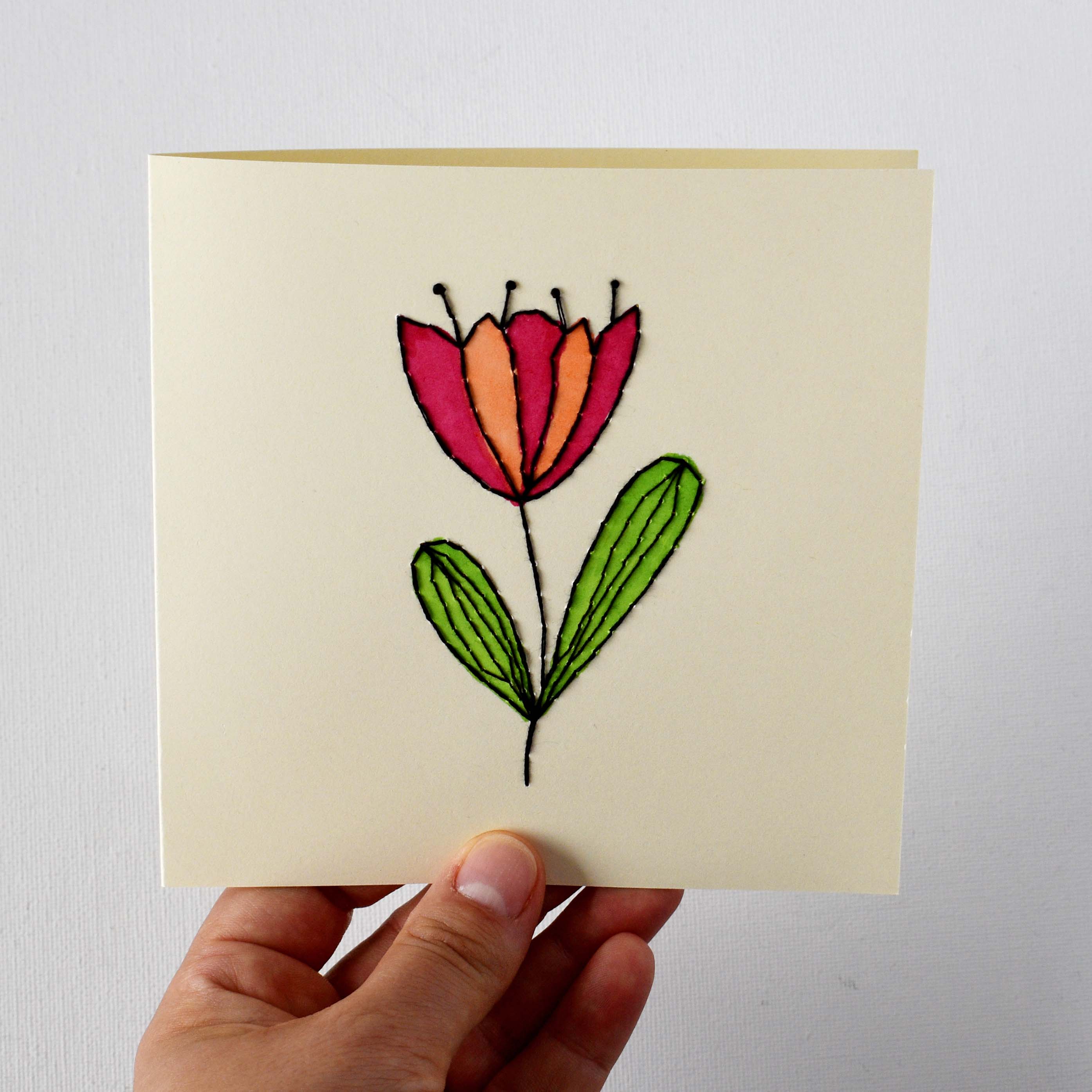 Floral card for mothers day with red flower embroidery