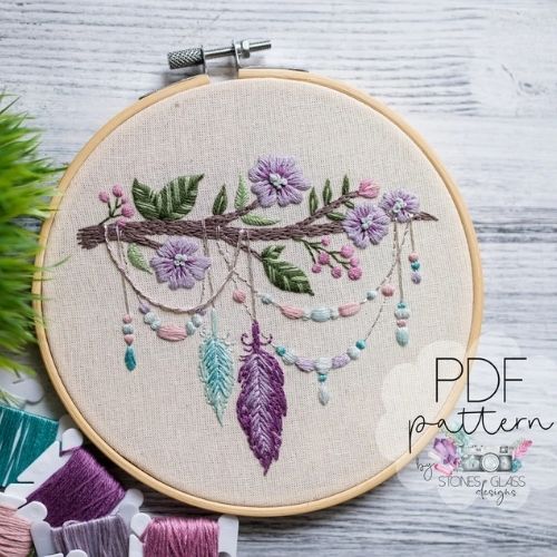 Flowers Feathers Gemstones - Boho Floral Branch