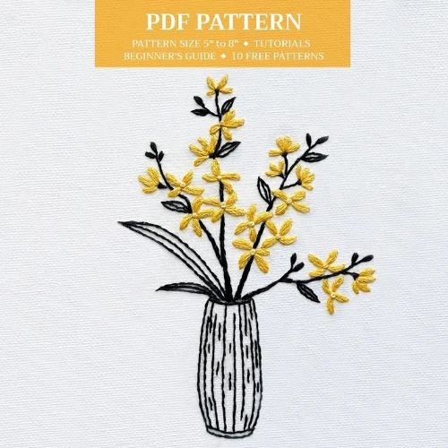 Minimalist Forsythia Vase embroidery pattern by BEmbroideryStudio