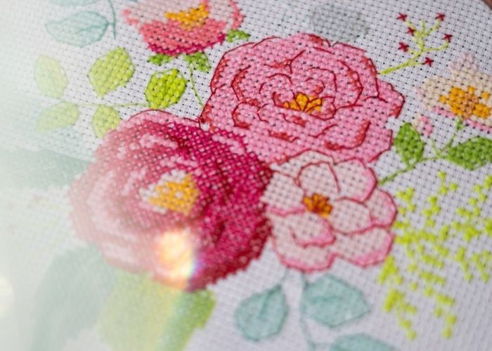 Backstitch used for outlines in cross stitch stock image