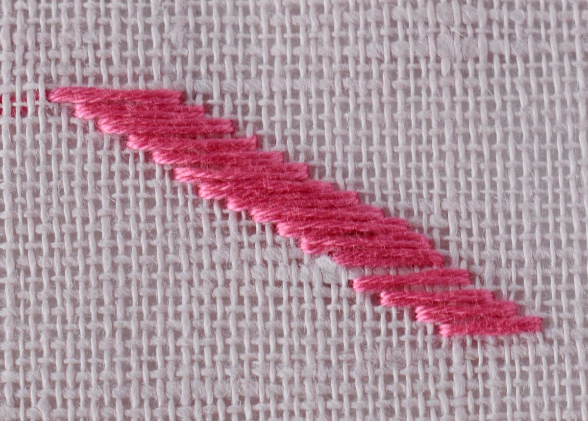 Japanese Stitch embroidery sampler with pink thread on linen image