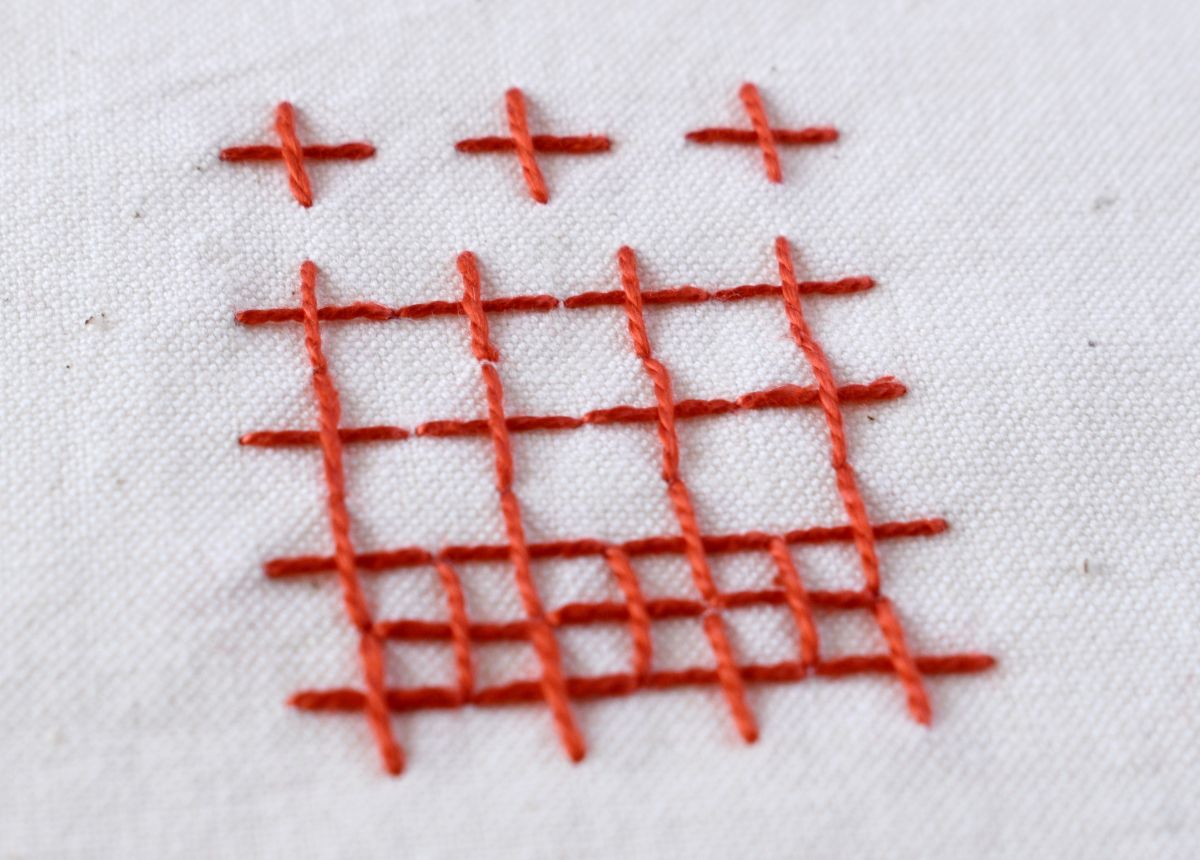 Upright Cross Stitch hand embroidery with red pearl cotton thread image