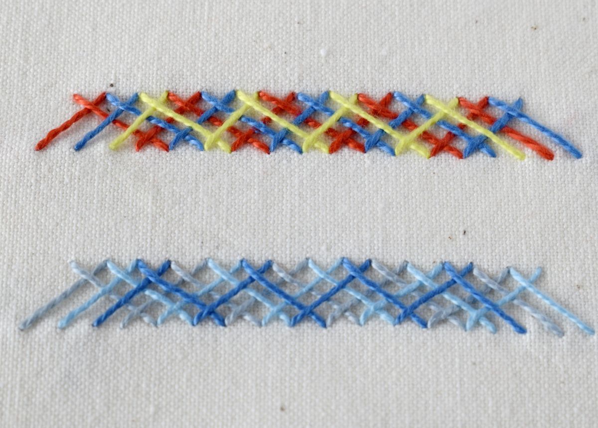 Multiple Trip Herringbone hand embroidery sampler with multicolor threads image