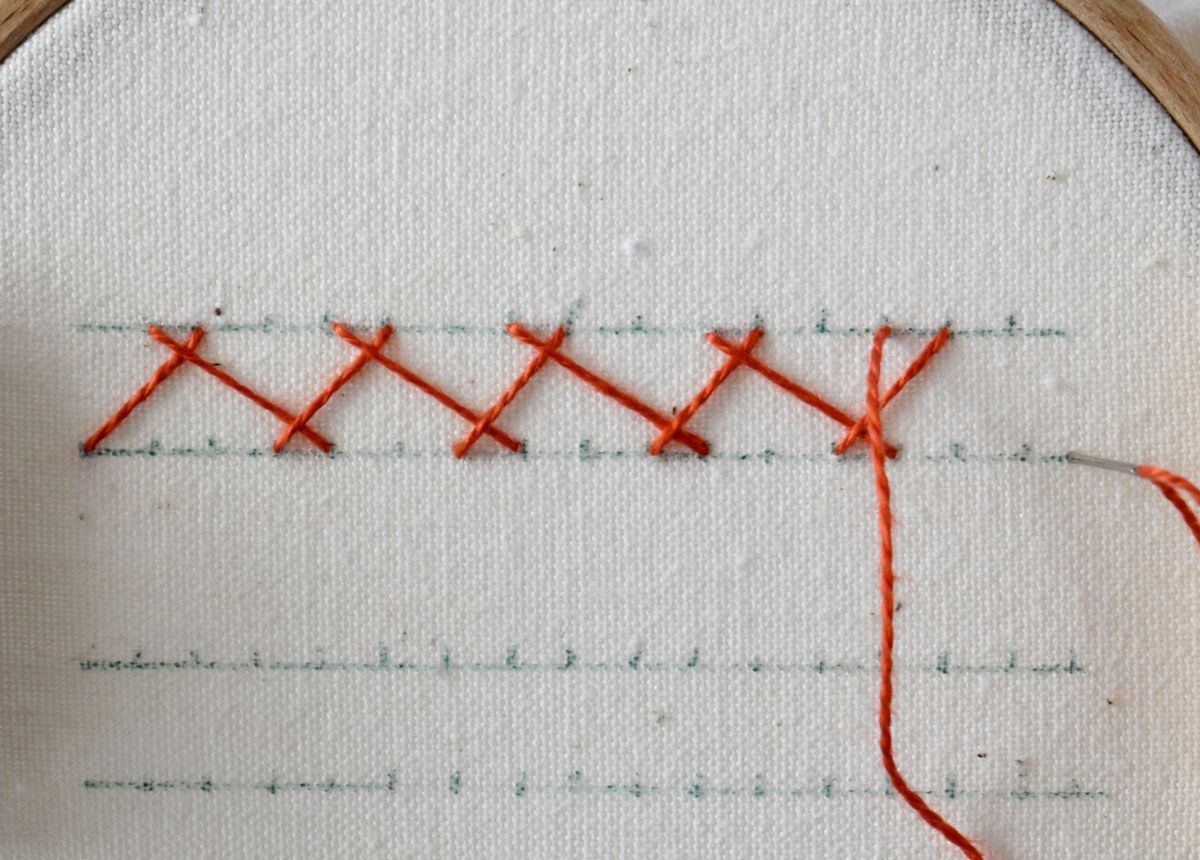 Multiple Trip Herringbone hand embroidery tutorial step 2 image