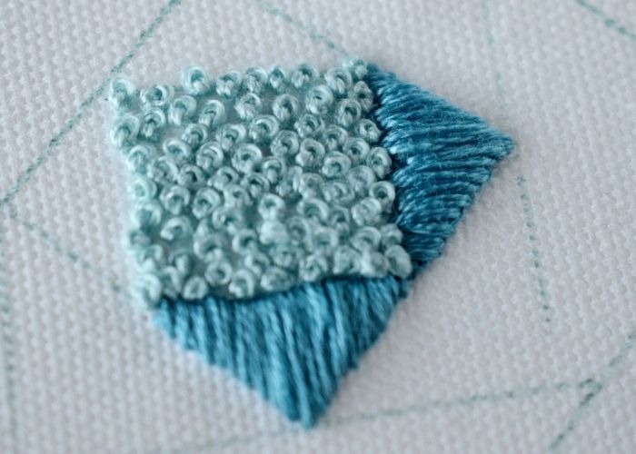 Filling with french knots of the same size - blue quilt embroidery design