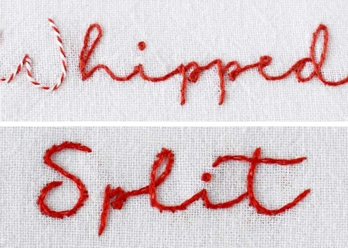 French knot as a dot in lettering embroidery with red floss