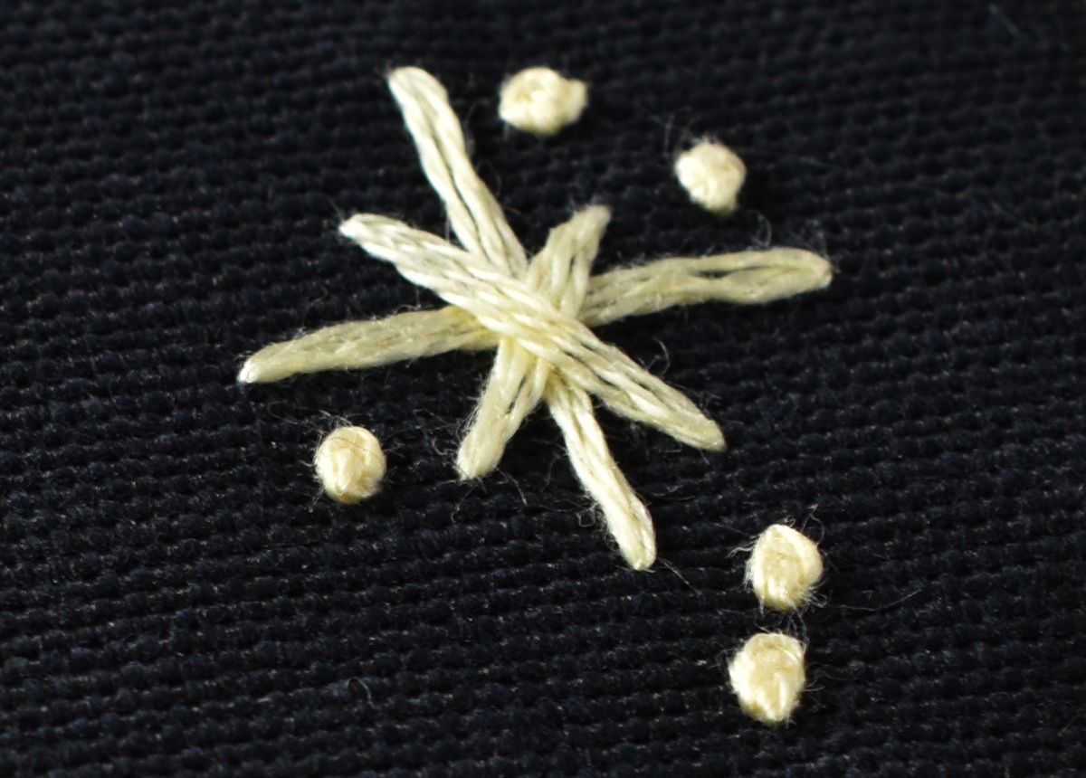Star and knots embroidered on black fabric