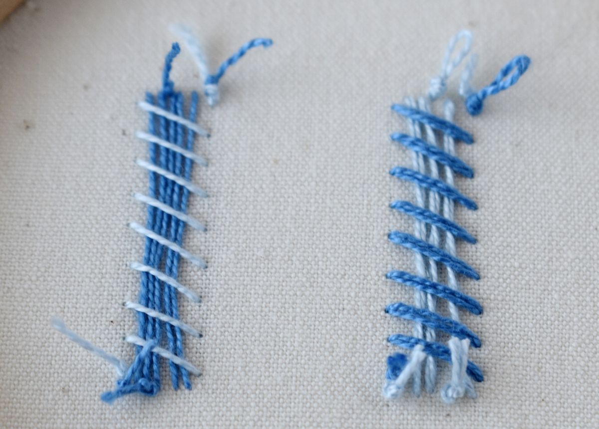 Raised Blanket Stitch Band embroidery sampler with blue pearl cotton back side image