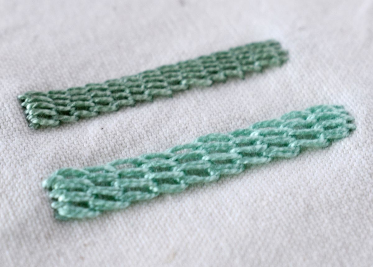 Raised Stem Stitch Band embroidery sampler with green pearl cotton thread image